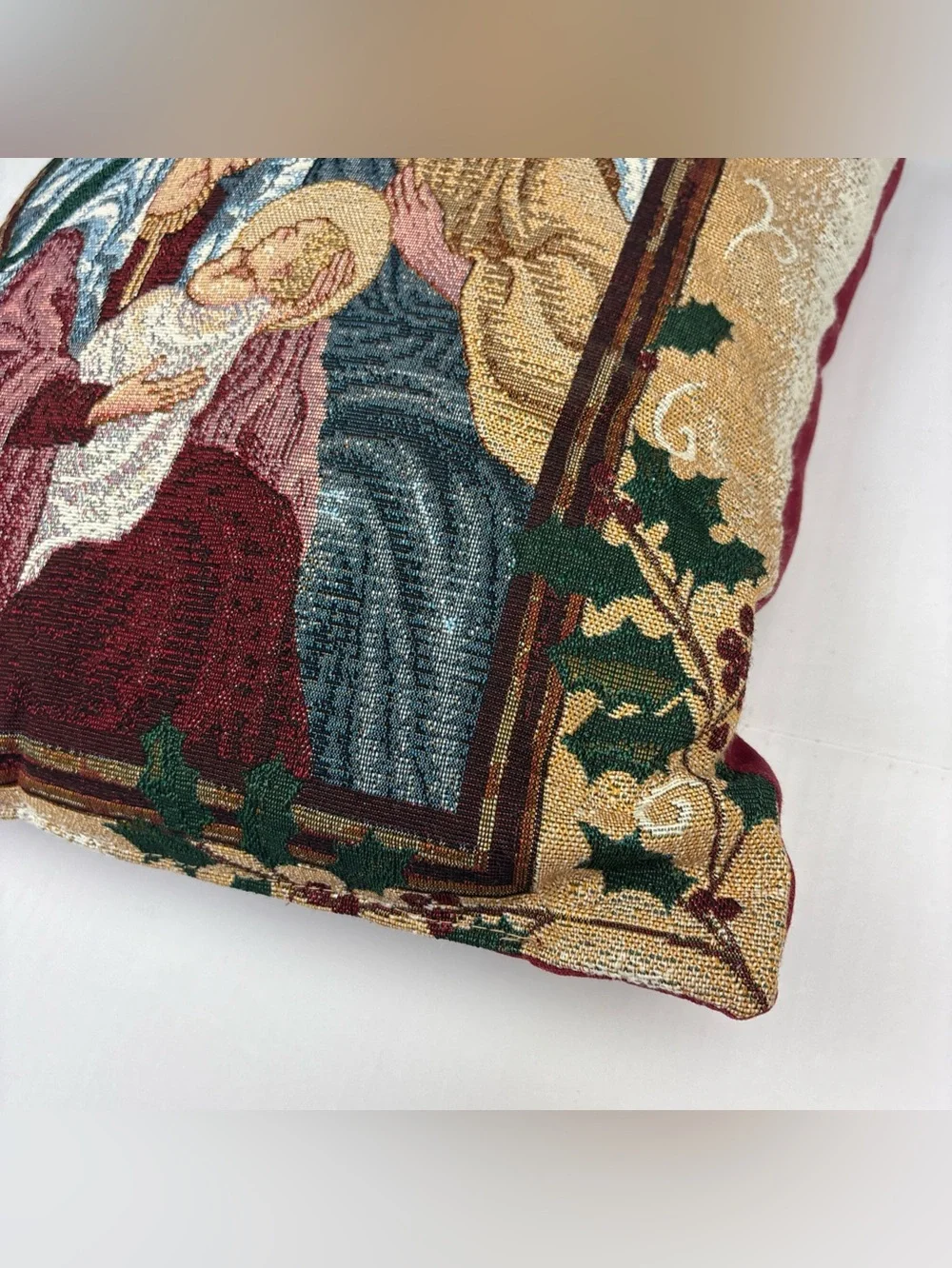 Vintage Tapestry Throw Pillow Christianity Woven Mary Joseph Jesus Nativity